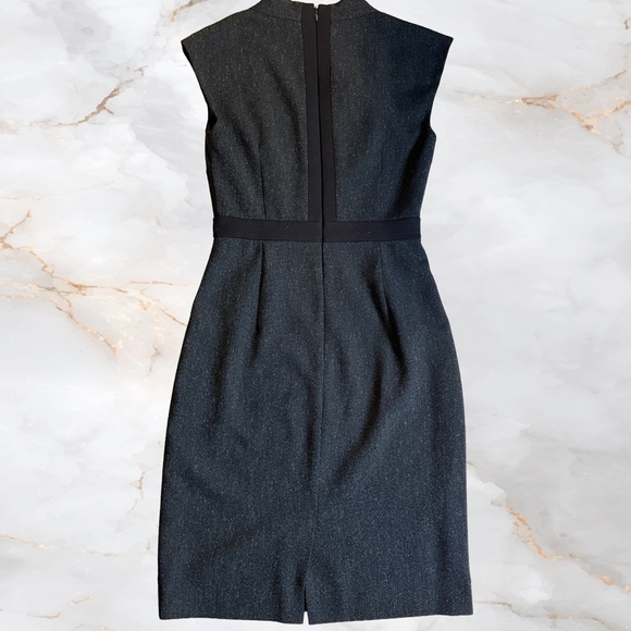 Stretchy Black and Tweed-Look V-Neck Midi Sheath Dress Slimming Waist Detail - Picture 3 of 7